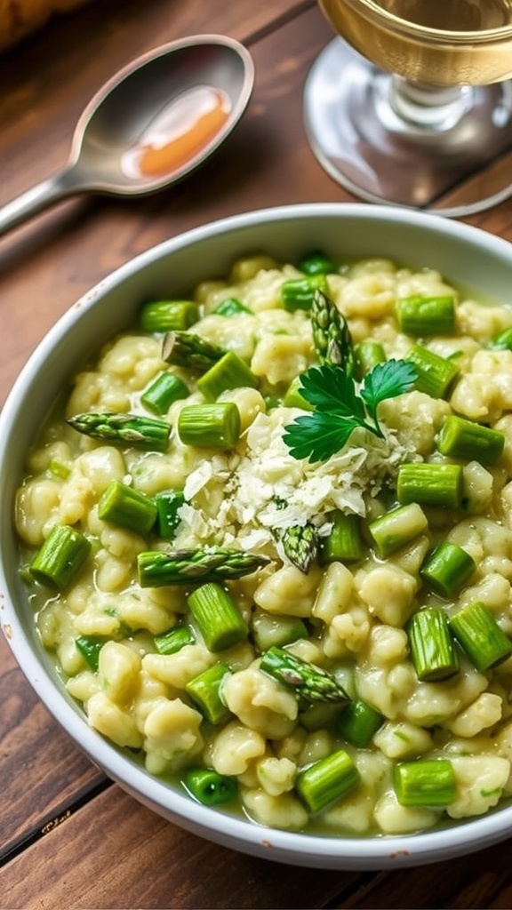 Creamy asparagus risotto in a bowl, topped with Parmesan cheese and parsley, with a rustic table setting.